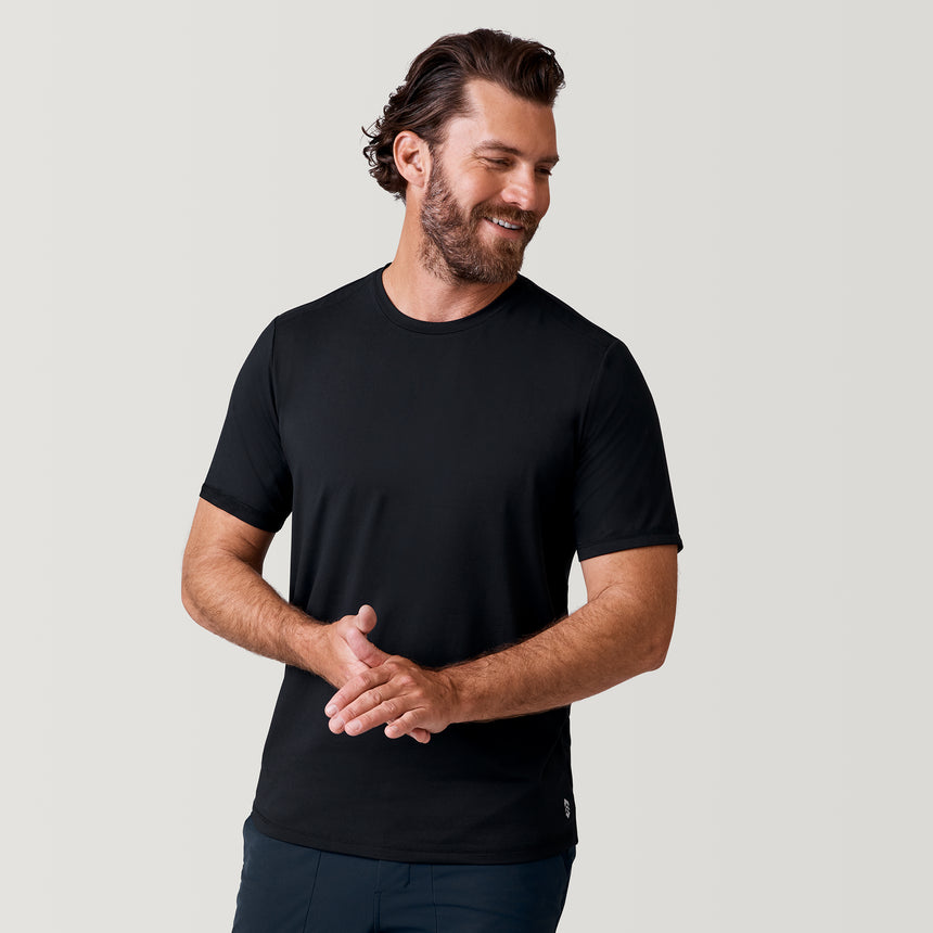 [Zach is 6’2” wearing a size Medium.] Free Country Men's Microtech Chill Cooling Crew Tee - Black - S#color_black