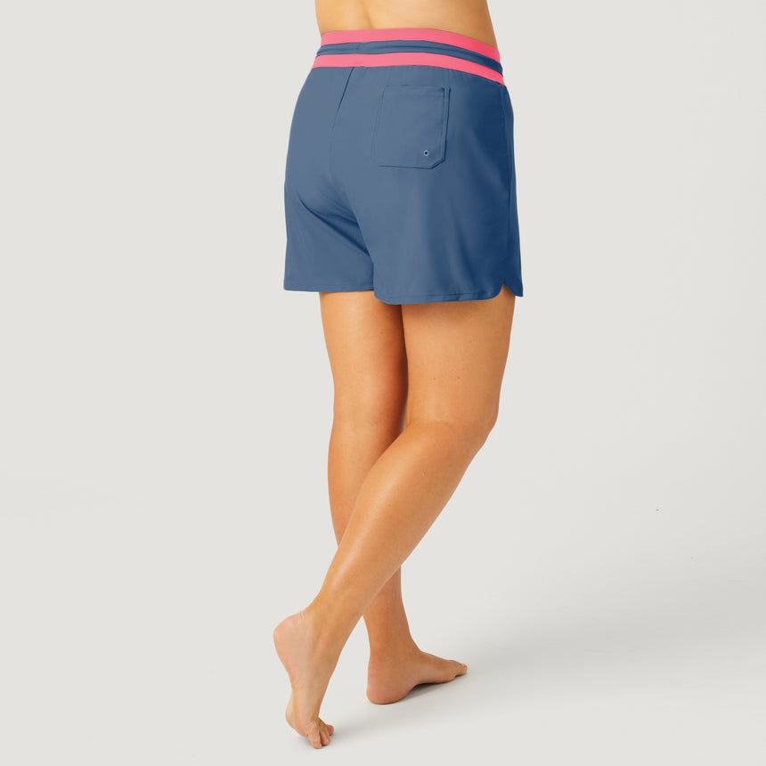 [Model is 5’10” wearing a size 1X] Women's Plus Size Drawstring Swim Short - Slate-Ruby #color_slate-ruby