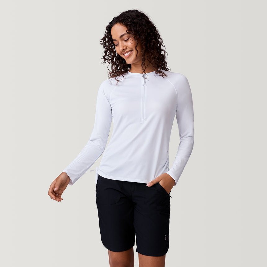 [Meli is 5’9.5” wearing a size Small.] Women's UPF Long Sleeve Sunshirt - S - White #color_white