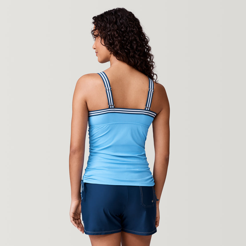 [Meli is 5’9.5” wearing a size Small.] Women's Track Strap Tankini Top - Sky - S #color_sky