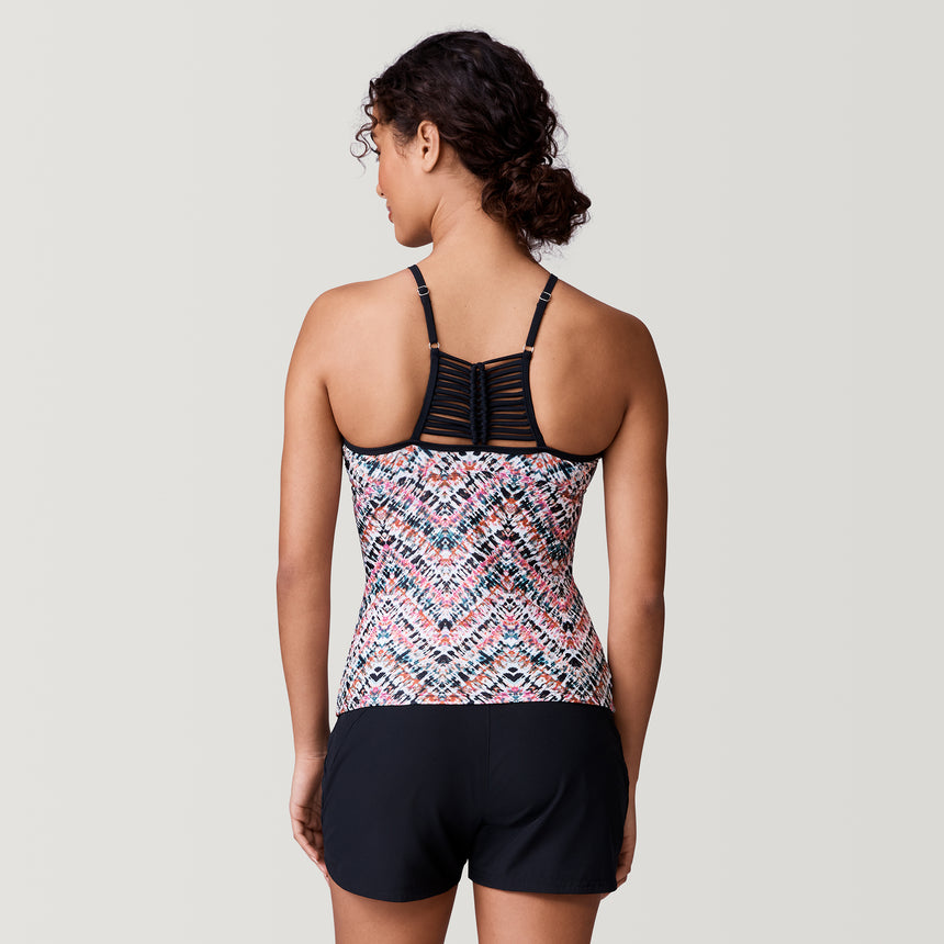 [Meli is 5’9.5” wearing a size Small.] Women's Island Vibe High Neck Macrame Back Tankini Top - Copper - S #color_copper