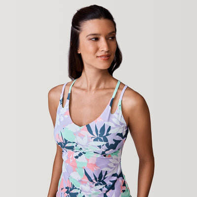 [Natalia is 5’9” wearing a size Small.] Women's Prism Floral Double Strap Cut Out Tankini Top - Lavender - S #color_lavender