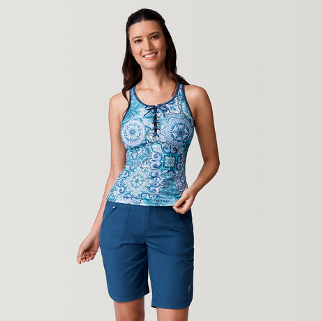 [Natalia is 5’9” wearing a size Small.] Women's Boho Medallion Lace Up Racerback Tankini Top - Tropic Turq - S #color_tropic-turq