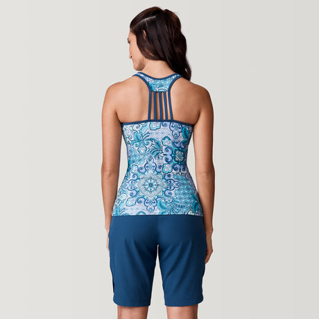 [Natalia is 5’9” wearing a size Small.] Women's Boho Medallion Lace Up Racerback Tankini Top - Tropic Turq - S #color_tropic-turq
