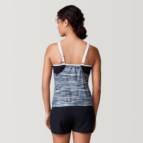 [Meli is 5’9.5” wearing a size Small.] Women's Heat Wave V-Neck Blouson Tankini Top - Black - S #color_black