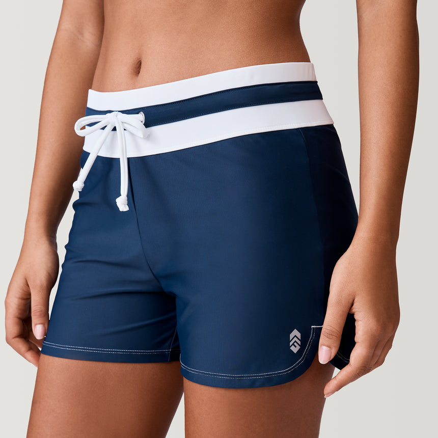 [Model is 5’9” wearing a size Small.]  Women's Drawstring Swim Short - Navy/White - S #color_navy-white