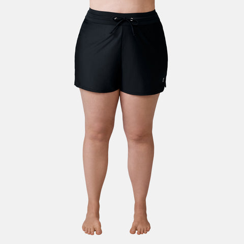 [Model is 5’10” wearing a size 1X.] Women's Plus Size Drawstring Swim Short - Black #color_black