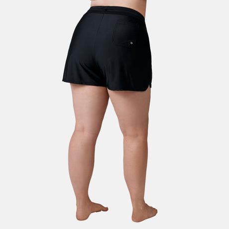 [Model is 5’10” wearing a size 1X.] Women's Plus Size Drawstring Swim Short - Black #color_black