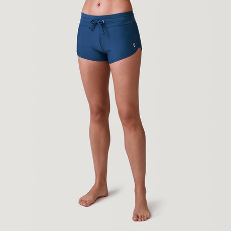 [Model is 5’9” wearing a size Small.]  Women's Drawstring Swim Boy Short - Navy - S #color_navy