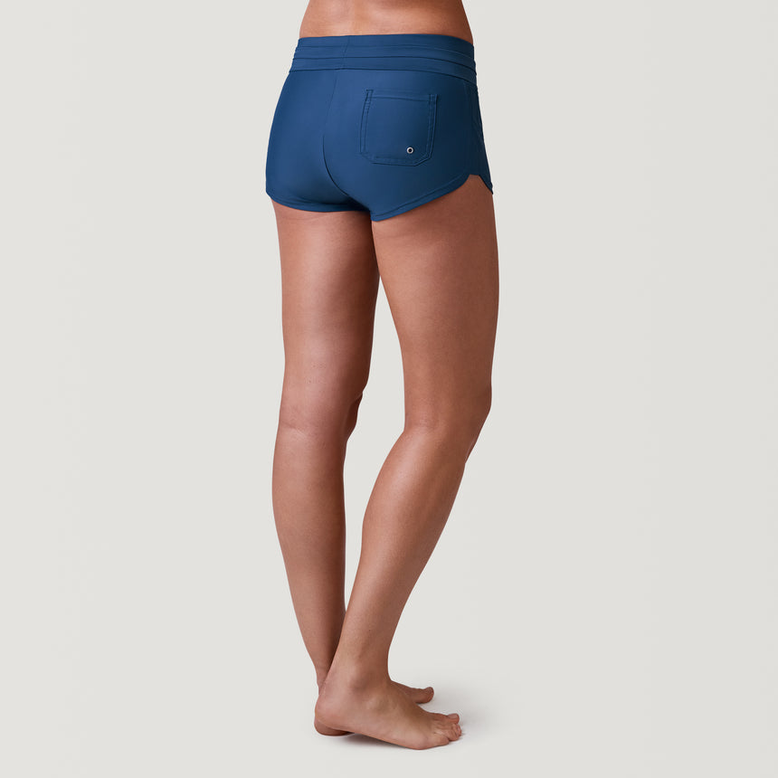 [Model is 5’9” wearing a size Small.]  Women's Drawstring Swim Boy Short - Navy - S #color_navy