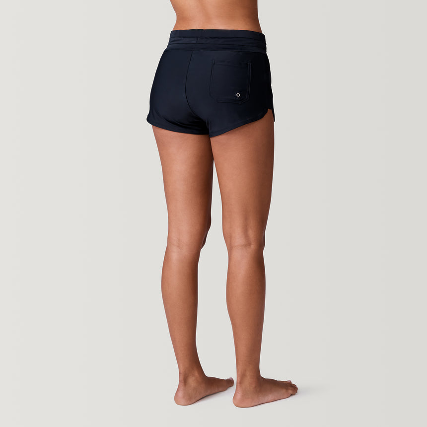 [Model is 5’9” wearing a size Small.]  Women's Drawstring Swim Boy Short - Black - S #color_black