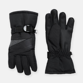 The Clearance Boys' Ski Glove, a black water-resistant pair with adjustable straps and textured palms, is displayed on a plain white background—one glove palm up, the other palm down.