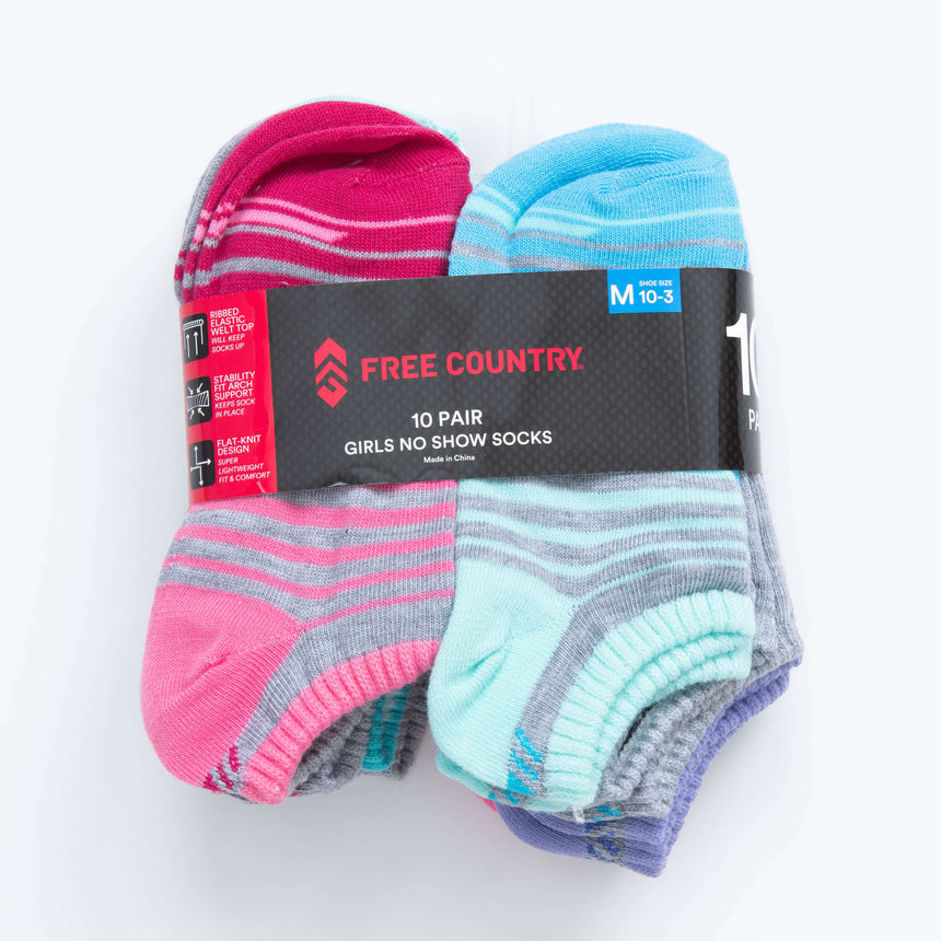 Free Country Girls' 10 Pack Flat Knit No-Show Socks - Assorted - M#color_assorted